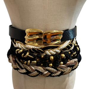 4 BLACK & GOLD DECORATIVE VINTAGE BELTS W BOHO BRAIDING BEADING & METAL CLASPS